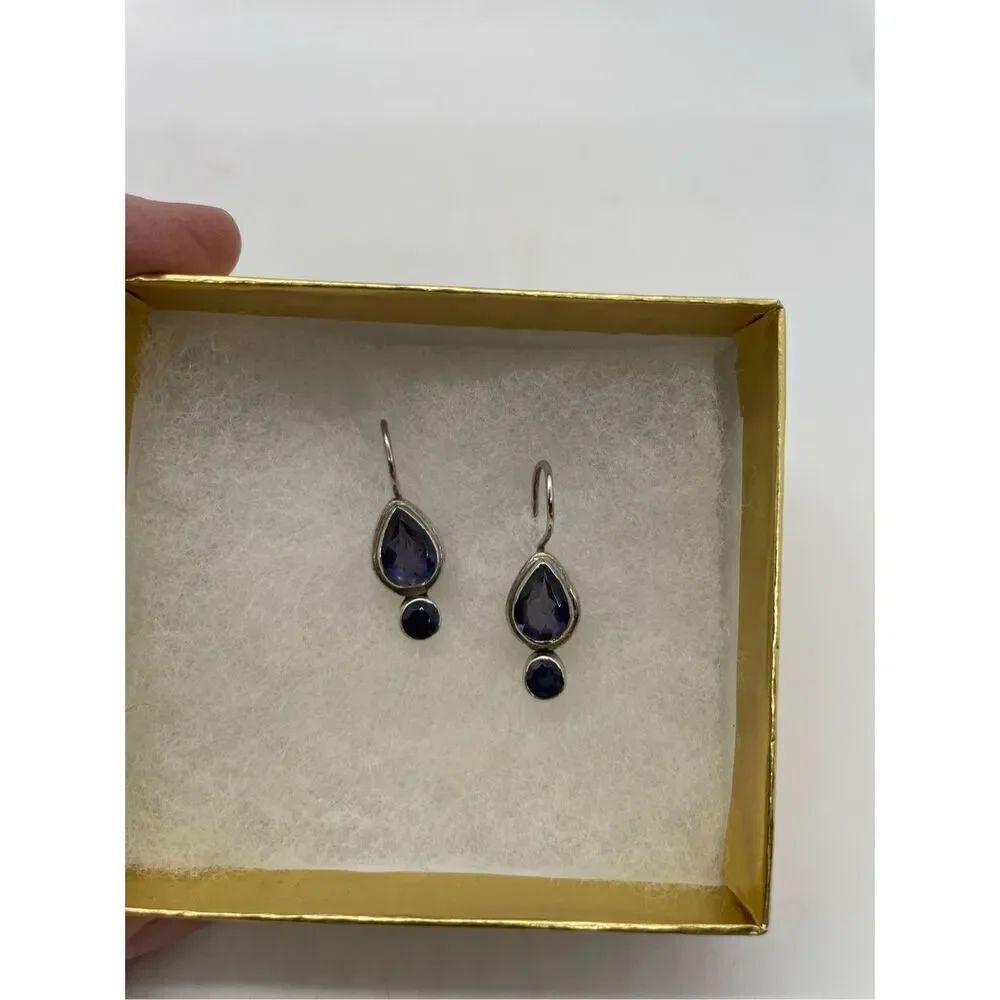 Vintage Lolite Drop Earrings Purple Pierced Fish Hook Stamped